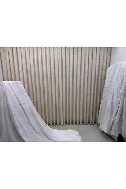 NİVEMESHOME Florida Linen Look Champagne Color Bohemian Style Pompom 1/3 Dense Pleated Tulle Curtain