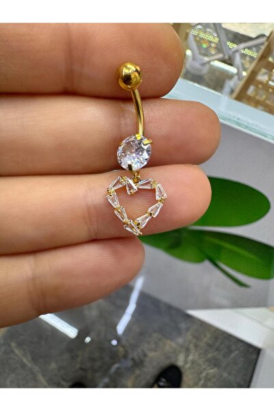 Arescollection çelik zirkon taşlı kalpli göbek piercingi