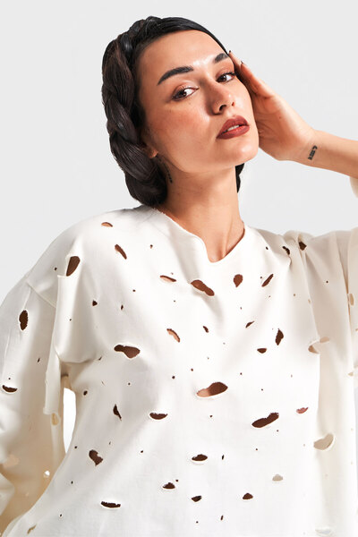 its basic Women's Ecru Color Knitted Fabric Ripped Detailed Design Sweatshirt