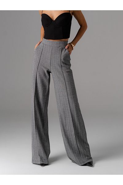 Moije Women's High Waist Striped Patterned Houndstooth Gray Palazzo Trousers