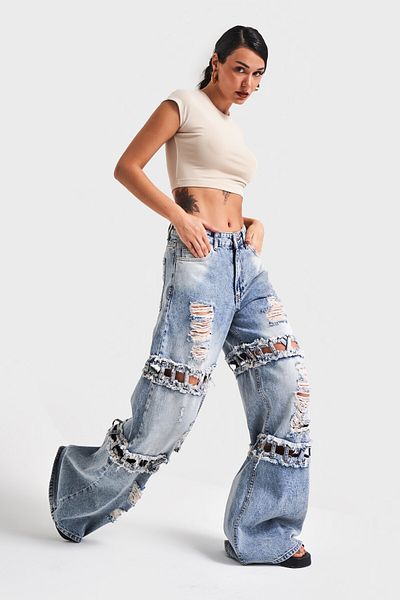 its basic Γυναικείο τζιν χρώμα Palazzo Fit Ripped Λεπτομερές σχέδιο Τζιν Τζιν