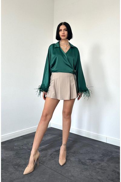 trend henna Satin Crop with Emerald Sleeves and Feathers