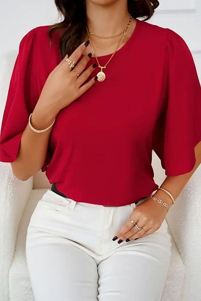 Mossta Round Neck Wide Sleeve Sandy Blouse Red