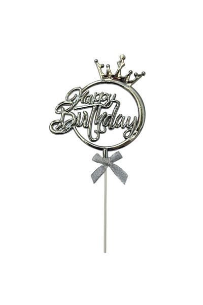 parti sürprizi Crowned Silver Happy Birthday Bow Cake Topper