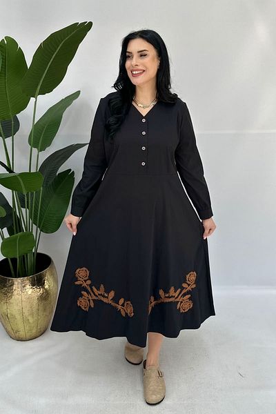 GÖKSEL Poplin Maxi Dress with Embroidered Skirt Tip Large Size