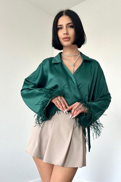 trend henna Satin Crop with Emerald Sleeves and Feathers