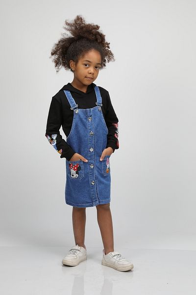 Pasur Bebe Girl's Sweet and Mickey Mouse Printed Denim Jilted Dress