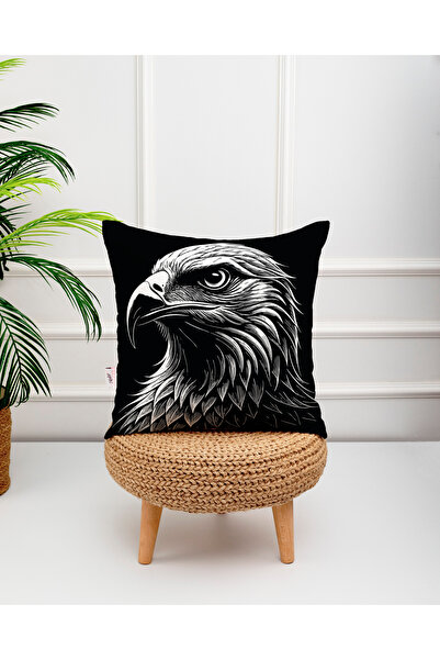 menesahome Siyah Beyaz Kartal Temalı Dijital Baskılı Dekoratif Kırlent Kılıfı