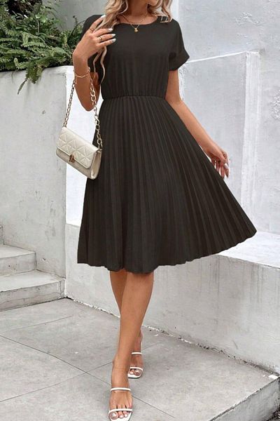 Mossta Elastic Waist Pleated Black Creative Short Crepe Dress