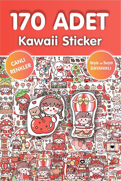 Piksel Grafik Kawaii Red 170 Pieces Anime Sticker Set - Pen, Laptop Notebook Water Bottle Sticker