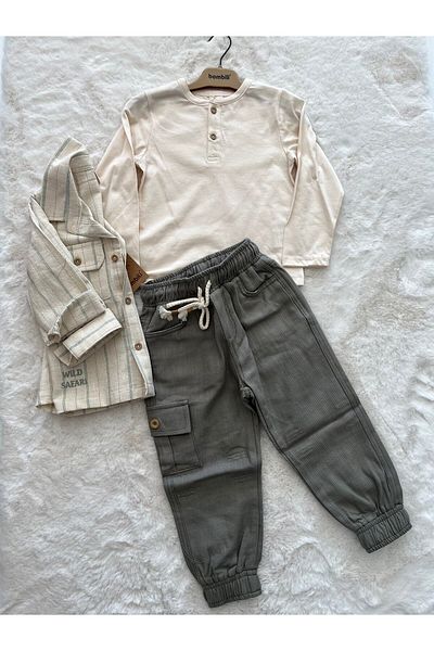 Bombili Striped 3-Piece Men's Set with Linen Shirt and Trousers
