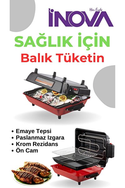 herevdeinova İNOVA Camlı Emaye Tepsili Emaye Gövdeli Kokusuz Barbekü Mangal Kebapçı Balıkçı 1100W