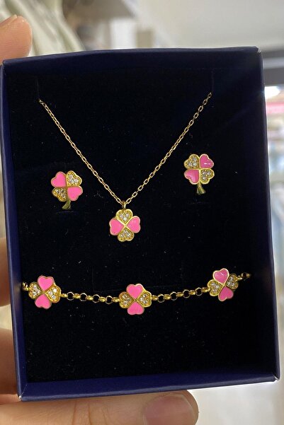 Erer Gümüş Gümüş çocuk yonca model küpe kolye ve bileklik takım