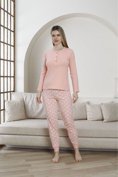 BEYAZTOPTAN Women's Long Sleeve Polka Dot Powder Pajama Set