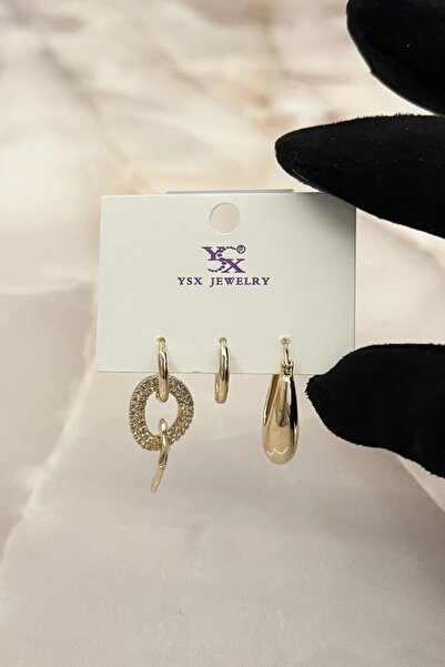 PRVT 18K Altın Kaplama Üçlü Halka YSX Küpe Set