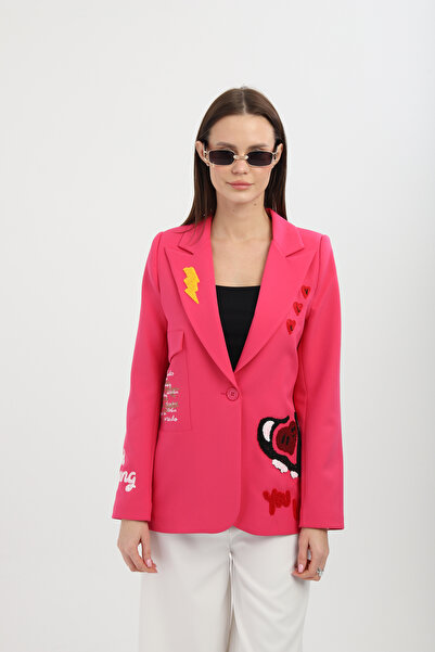 Milamia Nakışlı Fuşya Blazer Ceket