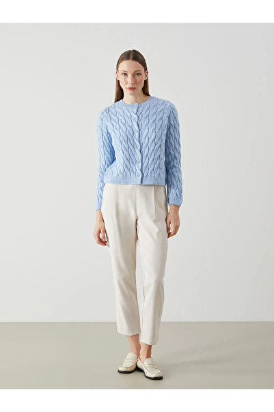 LC Waikiki Cardigan de tricotaj pentru femei LCW Vision Blue Crew Gât cu model propriu