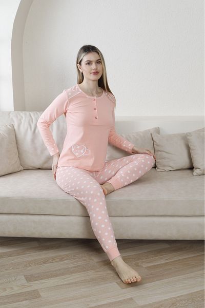 BEYAZTOPTAN Women's Long Sleeve Shoulder Polka Dot Powder Pajama Set
