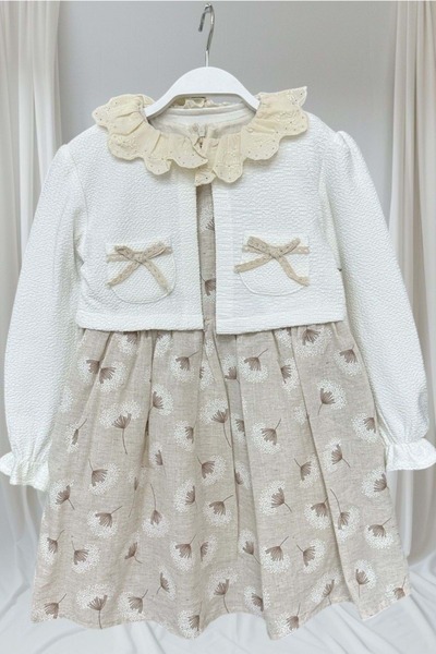 wakawakakidsstore Floral Patterned Bolero Girl's Dress - Beige