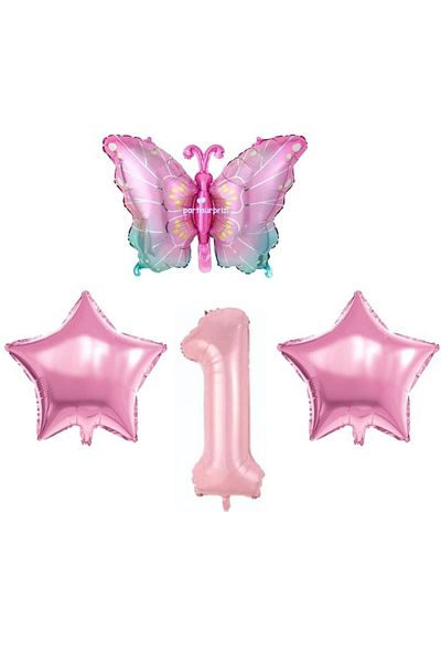 parti sürprizi Pink Butterfly 1 Year Old Foil Balloon Set