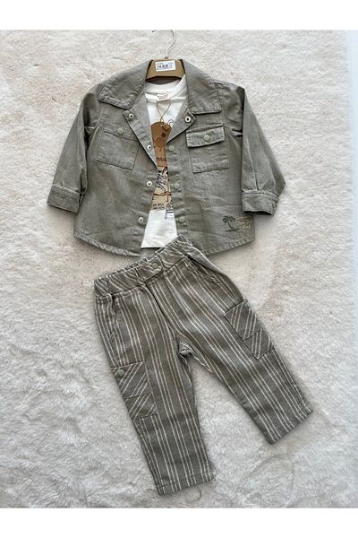 Bombili 3-Piece Men's Suit with Denim Jacket and Palm Tree