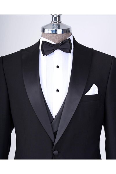 TerziAdemAltun Italian Cut Jacket Vest Trousers Black Dobby Groom Suit T3458