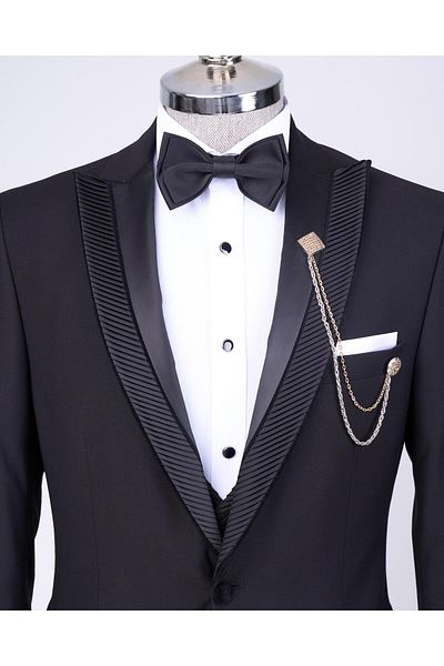 TerziAdemAltun Black Slim Fit Italian Style Jacket and Vest Set - Groom Suit T11776