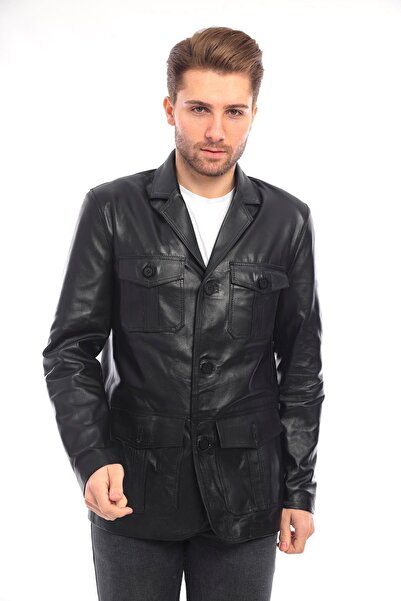 Genel Markalar Siyah Hakiki Deri Bomber Ceket 4 Cepli