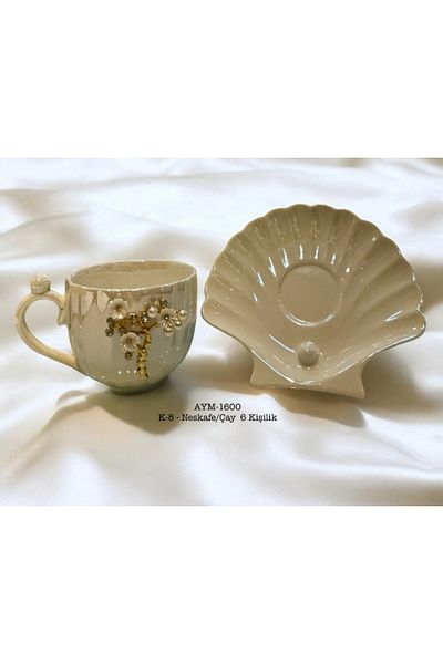 decovien Oyster Model Tea Set with Pearls for 6 People 115 ml