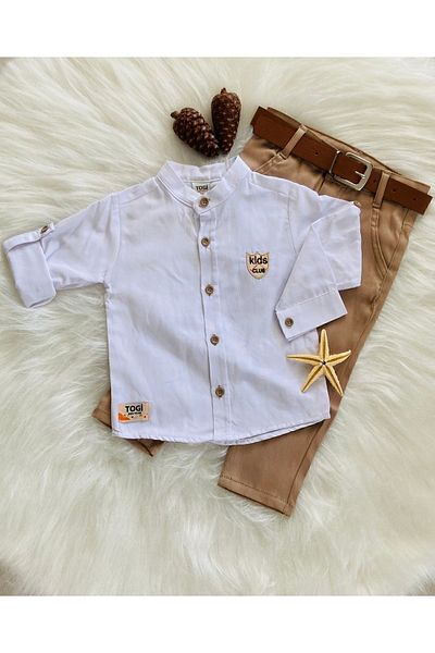 togi Boy's Set - Prevailing Collar Linen Shirt and Belted Trousers