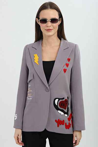 Genel Markalar Nakışlı Gri Blazer Ceket