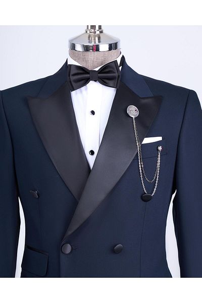 TerziAdemAltun Italian Cut Slim Fit Double Breasted Jacket Trousers Groom Suit Set Navy Blue T9215