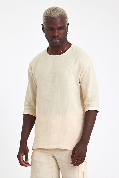 İLKCET MODA Ανδρικό μπλουζάκι με μισό μανίκι κανονικό λινό