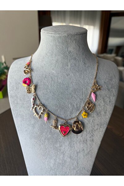 Home Pembe Kalp ve Charm Detaylı Gold Kolye