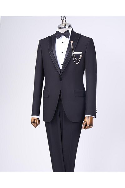 TerziAdemAltun Black Slim Fit Italian Style Jacket and Vest Set - Groom Suit T11776