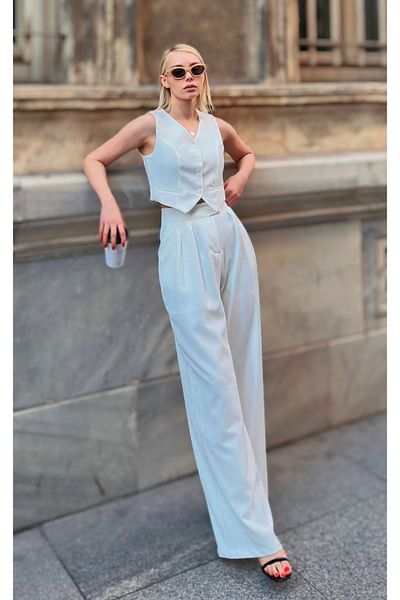 MODAYA Women's White Modern V Neck Vest Palazzo Pants Suit