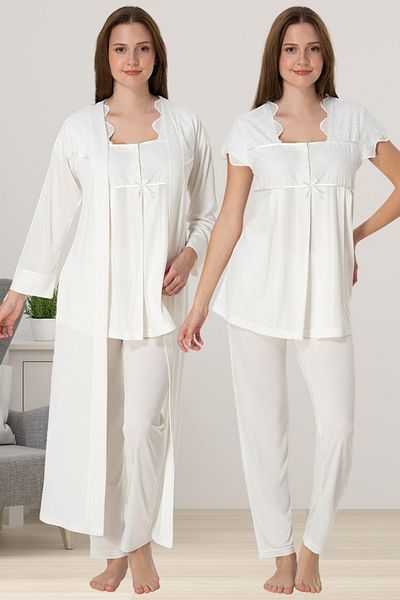 ByLohusa Effortt Ecru Maternity Pajama Set with Dressing Gown