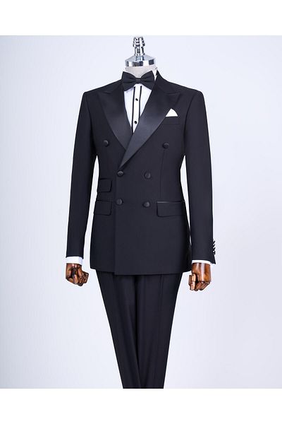 TerziAdemAltun Italian Cut Slim Fit Double Breasted Jacket Trousers Groom Suit Set Black T9213