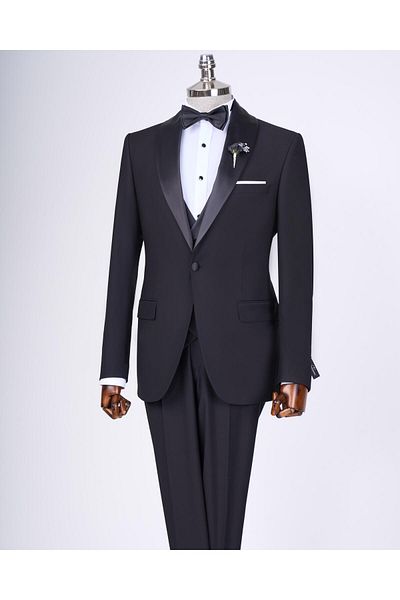 TerziAdemAltun Black Slim Fit Shawl Collar Jacket and Vest Pants Set - T12585