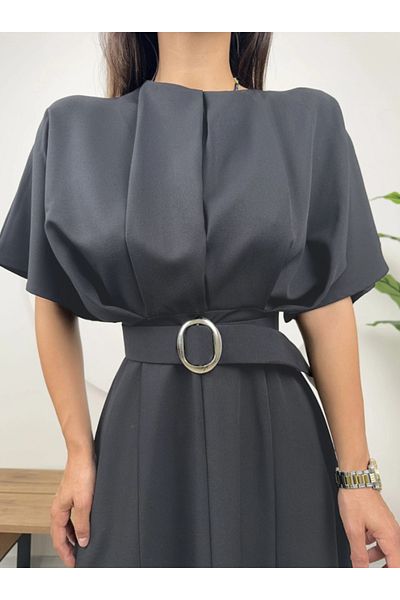 dml giyim Pleat Detail Belted Dress