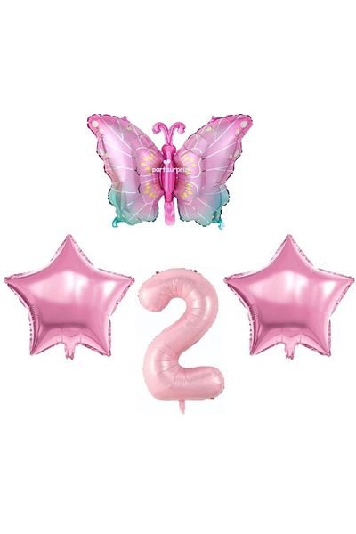 parti sürprizi Pink Butterfly 2 Year Old Foil Balloon Set
