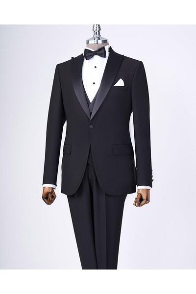 TerziAdemAltun Italian Cut Jacket Vest Trousers Black Dobby Groom Suit T3458