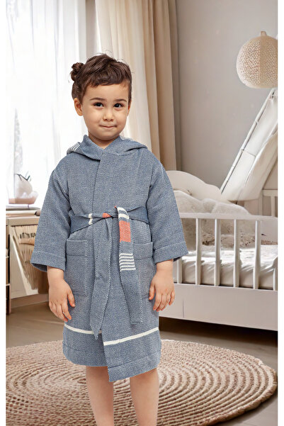 Eselba Lacivert Kırmızı Çizgili Organik Pamuk Peştamal Çocuk Bornoz/Sabahlık 1-3 Yaş