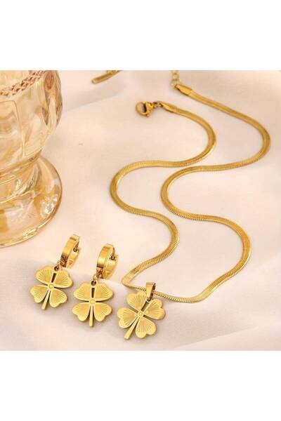 FM Antialerjik 316L Çelik Gold Renkli Şık Dört Yapraklı Yonca Motif Kolye, Küpe Seti Şıklık ve Zarafet