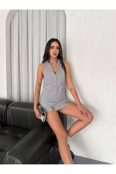 Stil Sepeti Women's Gray V-Neck Ribbon Detailed Vest Mini Shorts Skirt Suit Tl- 100030031