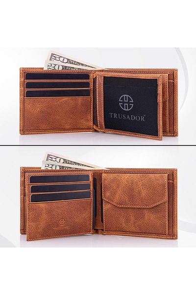 Trusador Treviso Classic Tan Coin Pocket Genuine Leather Men's Wallet with Rfid Protection Gift