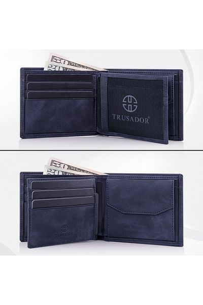 Trusador Treviso Classic Navy Blue Genuine Leather Men's Wallet with Coin Pocket Rfid Protection Gift