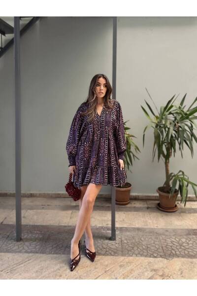 Violet Etnik Desen Astarlı Şifon Mini Elbise