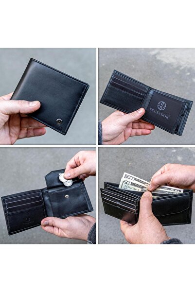 Trusador Treviso Classic Black Coin Pocket Genuine Leather Men's Wallet with Rfid Protection Gift
