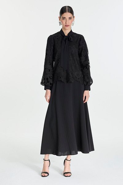 Zühre Bow Detailed Lace Black Double Set Tk-1452